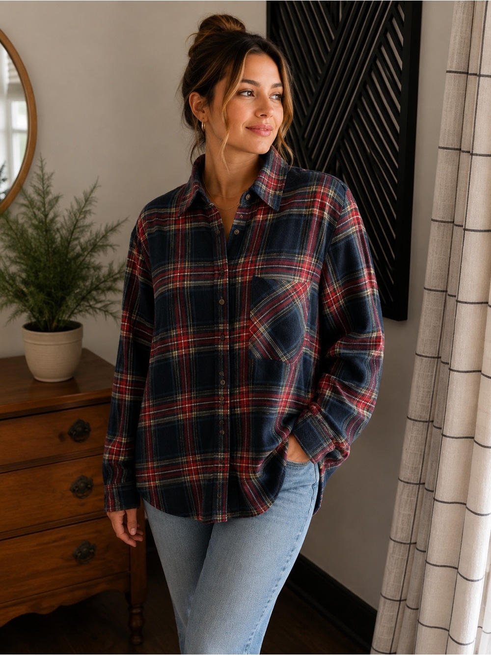 LA MIEL Navy and Red Plaid Button-Down Shirt size Medium NWT